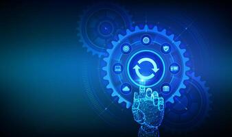 Update Software. Upgrade Software version concept on virtual screen. Computer program upgrade technology internet concept. Hand touching digital interface with connected gears cogs and icons. vector