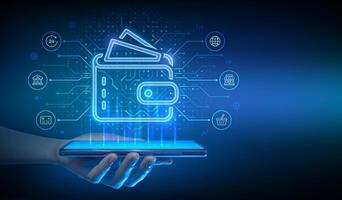 Digital wallet. E-wallet. Online payment via a digital wallet in a banking application using a smartphone. Mobile banking, money transaction, e-commerce. Circuit board background. vector
