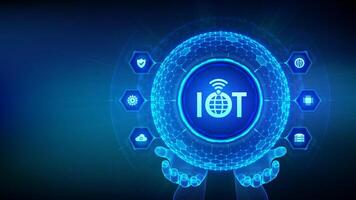 IOT. Internet of things. Everything connectivity device concept network, and business with internet. 3D sphere with surface of hexagons with IOT icon in wireframe hands. vector