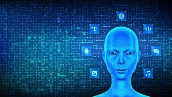 AI. Artificial intelligence concept. Cyborg woman head made with binary code. Female electronic face. Female robot. Neural network. Smart assistant. Binary digital background with digits vector