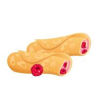 Pancakes with raspberry cheese in flat design. Morning rolls with berries. illustration isolated. vector