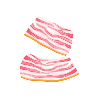 Raw bacon slices in flat design. Butcher product of pork meat and fat. illustration isolated.