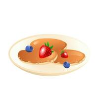 Pancakes with berries in flat design. Snacks with blueberry and strawberry. illustration isolated. vector