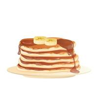 Pancakes with maple syrup in flat design. Morning pastry with banana slices. illustration isolated. vector