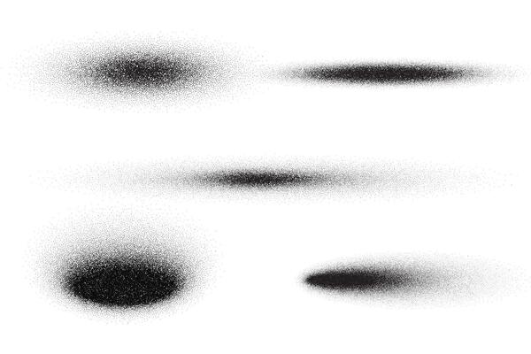 Circle shadows with grainy noise texture. Round black shades isolated on white background. Dotted stipple shapes set. Spray paint dusty soft blobs with sand gradation