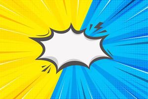 Comic book superhero background with speech bubble frame. Retro starburst compare template with yellow and blue colors and halftone effect. Vs abstract comic book poster with radial rays vector