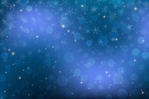 Dark blue night starry sky background with stars and falling snowflakes. Winter holiday gradient illustration with bokeh and sparkles and cosmic celestial light. vector