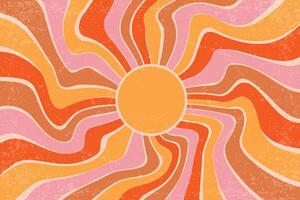 Sunrays retro background. Summer 70s poster. Abstract groovy design with grunge texture. Old paper banner with orange and pink spiral beams on pastel backdrop. vector
