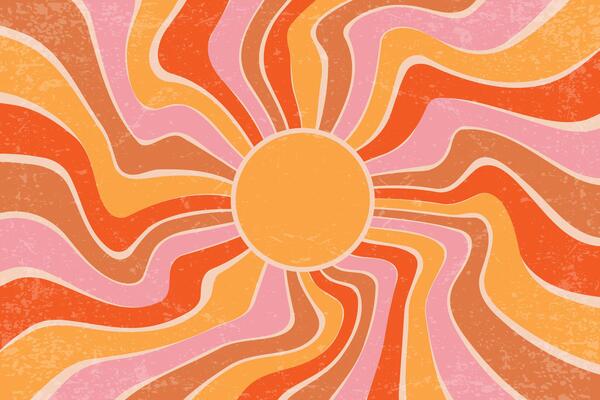 Sunrays retro background. Summer 70s poster. Abstract groovy design with grunge texture. Old paper banner with orange and pink spiral beams on pastel backdrop.