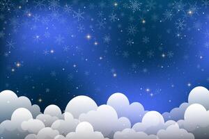Dark winter sky with falling snowflakes glowing stars and clouds. Blue background with galaxy light, magic nebula, celestial sparkle and astrology-inspired fantasy design. illustration vector