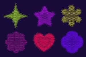 Bitmap pattern shapes. Heart star and flowers halftone gradient elements on dark background. Y2k graphic abstract icons. Dither noisy star with grunge texture vector