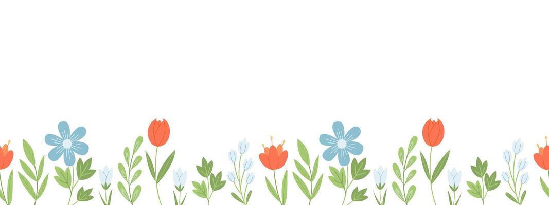 Seamless horizontal border with cute wildflowers and leaves Botanical background in hand drawn style