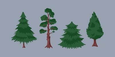 Various green fir-trees flat color objects set. Beautiful coniferous forest flora plants illustrations bundle on grey background vector