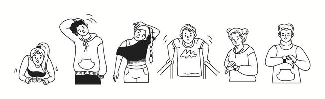 Doodle characters perform warming up exercises linear icons collection. People promote healthy lifestyle doodle characters set on white vector