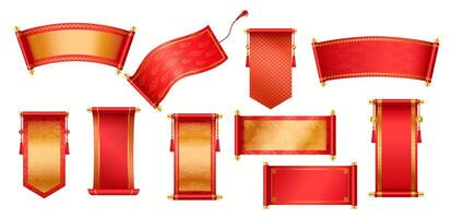 Traditional blank Chinese scrolls realistic color icons set. Red Asian hand-scrolls with holiday wishes 3d objects bundle on white background vector