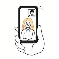 Business people engaging in call orange color linear icon. Using smartphone for online meeting doodle characters thin line illustration vector