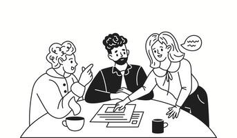 Business partners discussing contract at round table linear icon. Businesswoman explains charts to men characters doodle illustration vector