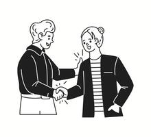 Happy business people shaking hands linear icon. New employee onboarding by colleague in office doodle characters thin line illustration vector