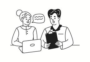Office workers discussing work tasks linear icon. Collaborating effectively for project completion doodle characters thin line illustration vector
