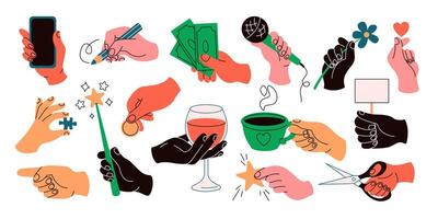 People hands holding various items flat color icons set. Demonstration of objects in palms illustrations pack on white background vector