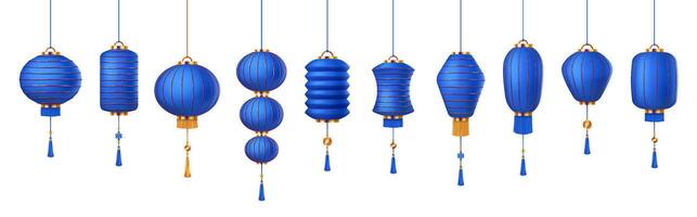 Blue Chinese lanterns with decorative tassels color icons set. Festive Asian paper lamps creating holiday vibes 3d objects bundle on white vector