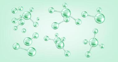 Collagen molecules floating realistic color icons set. Protein dynamics in scientific research and cosmetics 3d objects bundle on green vector