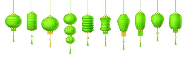 Festive Chinese lanterns of green paper color icons set. Ancient Asian decorative lamps for festive events 3d objects bundle on white vector