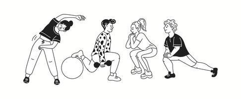 Doodle characters performing various training exercises linear icons collection. Women and men improve body shape doodle characters set on white vector