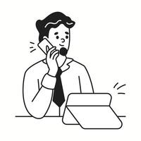 Office worker using tablet and talking on phone linear icon. Communication in business setting doodle character thin line illustration vector