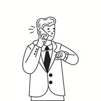 Stressed businessman talking on phone and checking time on wristwatch linear icon. Feeling impatient man doodle character thin line illustration vector