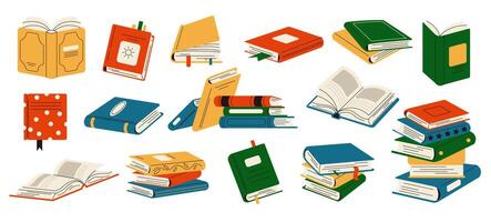 Various open and closed books flat color objects set. Reading materials for education and leisure illustrations bundle on white vector
