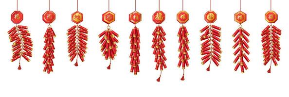 Chinese holiday firecrackers with blessing pendants realistic color icons set. Oriental festival celebration 3d objects bundle on white background. inscription on the badge is Luck vector