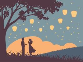 A series of glowing paper lanterns drifting into a twilight sky, softly illuminating the surroundings. The middle section is left clear for a message. vector