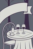 Two wine glasses rest on a table, bathed in warm, romantic lighting. vector