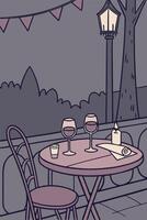 A softly lit dinner scene showcases elegant wine glasses on a rustic table. vector