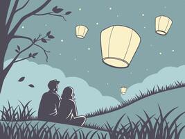 Softly illuminated lanterns rise into a dusky, romantic sky. vector