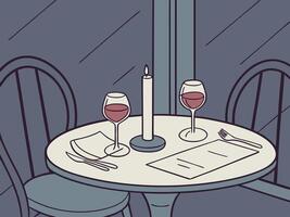 A romantic setting with wine glasses, candlelight, and an intimate atmosphere. vector
