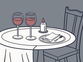 A cozy, dimly lit dinner table with two wine glasses, a single candle, and a folded napkin. The blurred background allows for text placement. vector