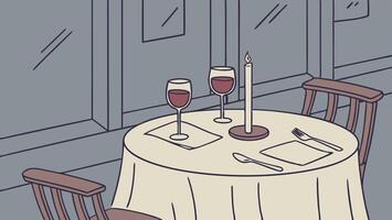 A cozy dinner table features two wine glasses and a candlelit ambiance. vector