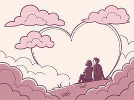 Fluffy pastel pink clouds naturally forming a heart in a serene sky. The quiet, dreamy background offers negative space for copy text. vector