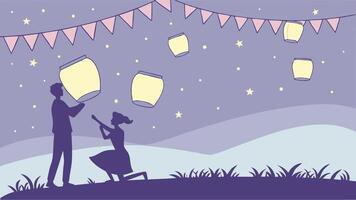 Golden lanterns float into the distance, casting a dreamy atmosphere. vector