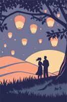 A series of warm lanterns ascends gracefully into a soft gradient sky. vector