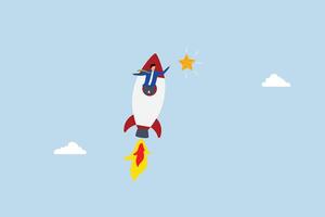 Innovation to help or support work success, Entrepreneur speeding swiftly on a rocket to reach a golden star. vector