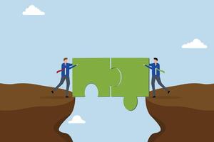 teamwork to solve problem together, Business professionals link jigsaw pieces to create a bridge that spans the divide. vector