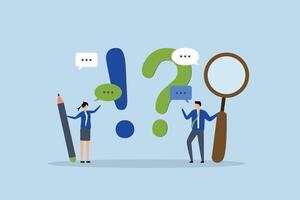 Question and answer, Businessman and woman with exclamation point, question mark in speech bubble dialogue. vector