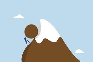 Hard work like pushing boulder uphill, entrepreneur rolling a boulder upward to the summit of a mountain. vector