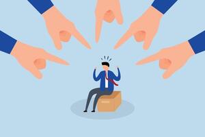 Toxic work, enormous manager fingers indicating and accusing a troubled employee. vector
