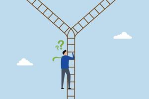 Decision making, Perplexed entrepreneur ascends ladder and discovers intersection to choose a path. vector