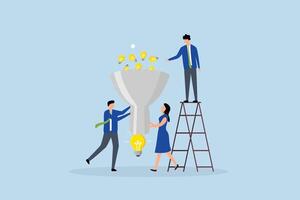 Idea funnel, Business professionals assist in placing small lightbulb into funnel to achieve final concept. vector