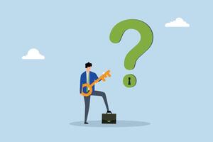 Key to unlock answer for problem and questions, intelligent entrepreneur grasping golden key to open keyhole on question mark symbol. vector